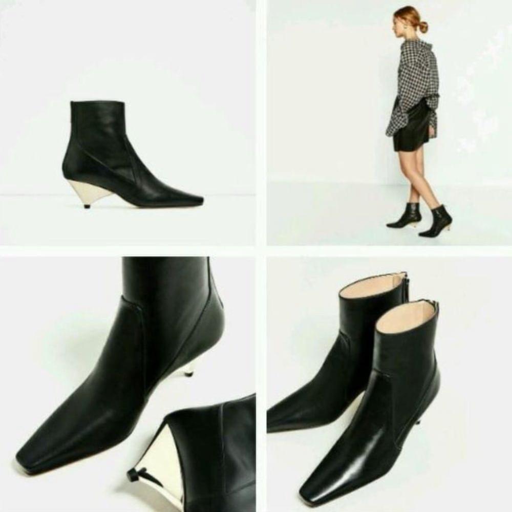 ZARA WOMAN SS LAMINATED LEATHER Triangular-shaped heel ANKLE BOOTS - 36 - Spain